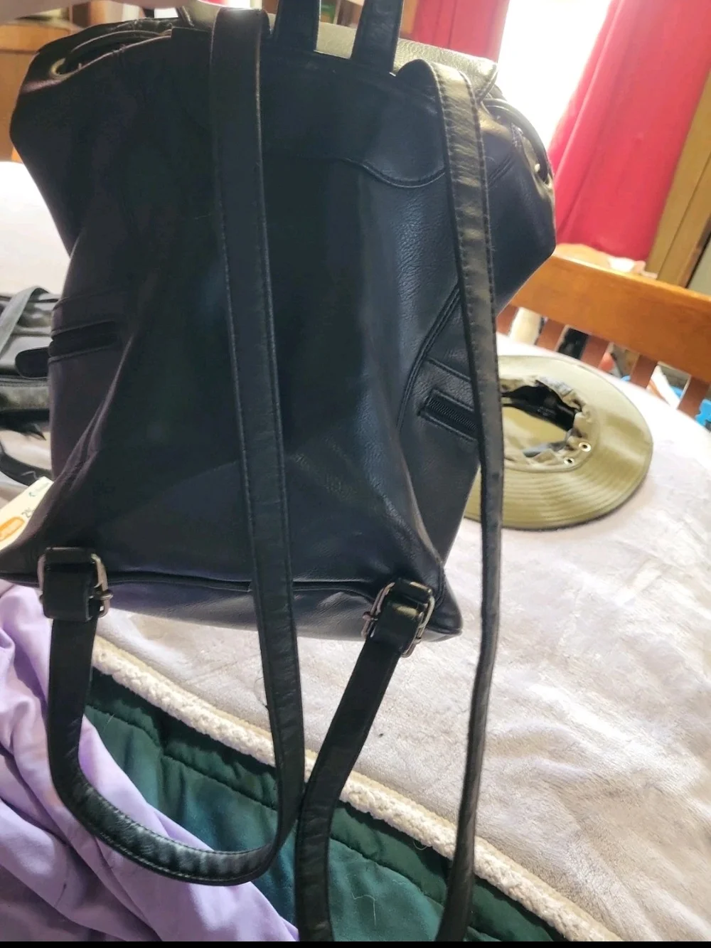 Black Leather Crazy Horse Drawstring Backpack - Vintage Style